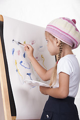 Image showing The girl in image of artist draws on easel