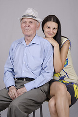 Image showing Portrait of an old man eighty years with granddaughter