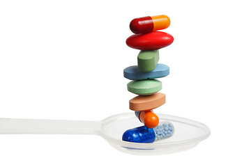 Image showing Stack of pills on a spoon