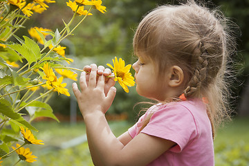 Image showing Three-year girl sniffing yellow flower