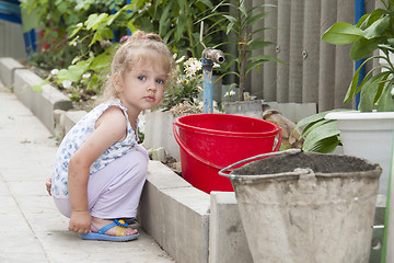 Image showing girl standing in the garden with a red bucke