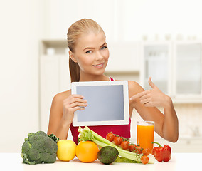 Image showing woman with fruits, vegetables and tablet pc