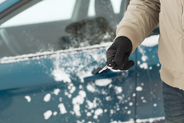 Image showing closeup of man hand with car key outdoors