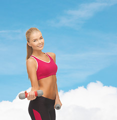 Image showing young sporty woman with light dumbbells