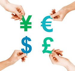 Image showing four hands holding currency symbols