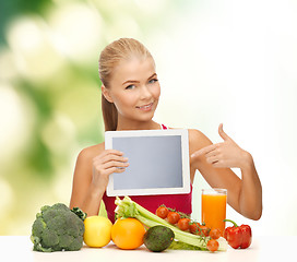 Image showing woman with fruits, vegetables and tablet pc