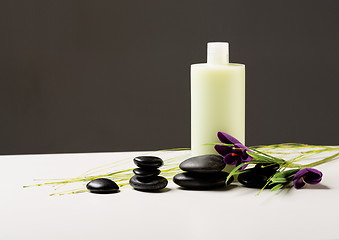 Image showing shampoo bottle, massage stones and iris flower