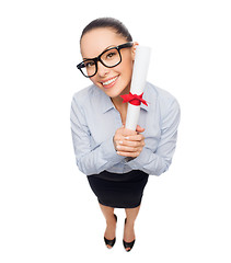 Image showing smiling businesswoman in eyeglasses with diploma