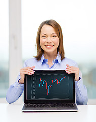 Image showing businesswoman with blank black laptop screen