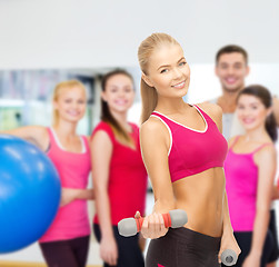 Image showing young sporty woman with light dumbbells