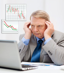 Image showing upset older businessman with laptop in office