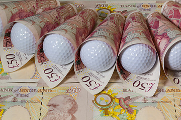 Image showing British pounds and golf balls 