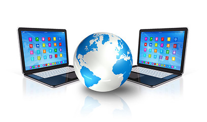 Image showing Laptop Computers around World Globe