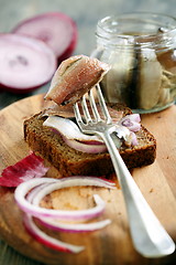 Image showing Black bread, onions and anchovies.