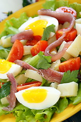 Image showing Salad with eggs, cherry tomatoes and anchovies.