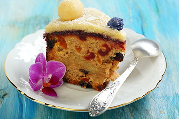 Image showing Piece Easter cake with candied fruit and marzipan.