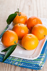 Image showing tangerines with leaves in plate