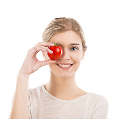 Image showing Beautiful woman holding a red chilli pepper