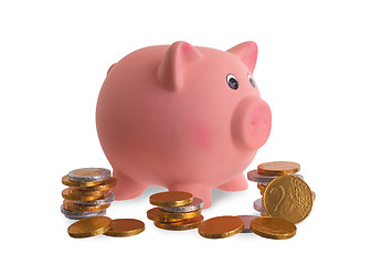 Image showing Euro currency, chocolate coins with piggy bank