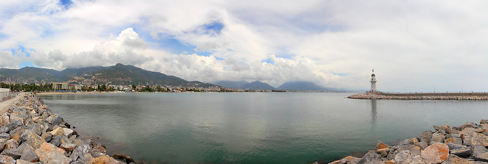 Image showing panorama of bay with lighthouse in Alanya