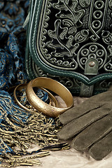 Image showing vintage bag, leather gloves, bracelets and scarf 