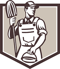 Image showing Janitor Cleaner Holding Mop Bucket Shield Retro