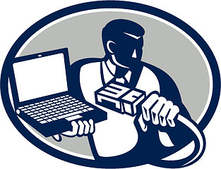 Image showing Computer Technician Holding Laptop Cable Retro