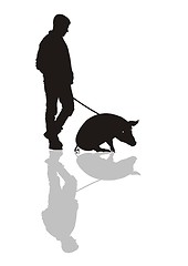 Image showing Man with a pig on a leash