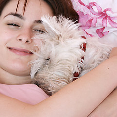 Image showing Dog sleeping on bed 