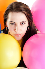 Image showing Beautiful female with multicolored air balloons