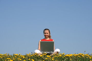 Image showing Casual young woman with laptop outdoors