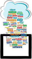Image showing communicator with social network word cloud with tablet pc