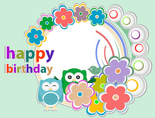 Image showing birthday party card with cute birds and owl on trees and flowers