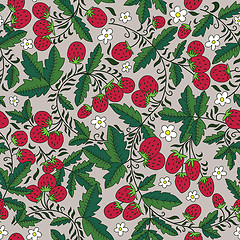 Image showing seamless strawberry and leaves on gray  background