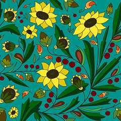 Image showing sunflower and leaf on a turquoise background