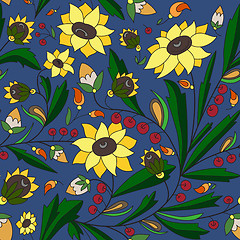 Image showing sunflowers and leaves on a blue background
