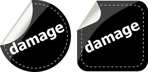 Image showing damage word on black stickers web button set, label, icon