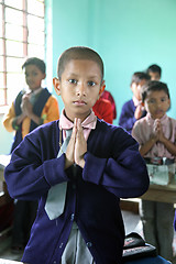 Image showing Portrait of schoolboy at school, Kumrokhali, West Bengal, India