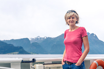 Image showing Woman tourist sailing on a sightseeing ferry boat