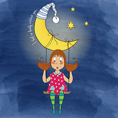 Image showing nostalgic young girl swinging in a swing hanging from the moon