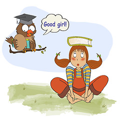 Image showing young girl studying with her ??teacher, an owl