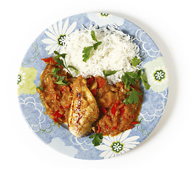 Image showing Chicken with sauce and rice from above