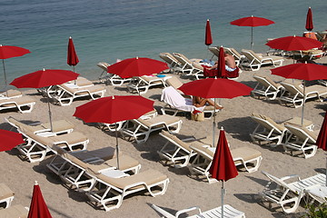 Image showing Beach with red parasols, Monaco