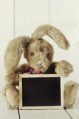 Image showing Teddy Bear Like Home Made Bunny Rabbit on Wooden White Backgroun