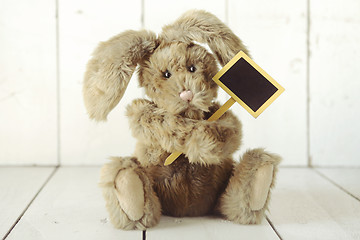 Image showing Teddy Bear Like Home Made Bunny Rabbit on Wooden White Backgroun