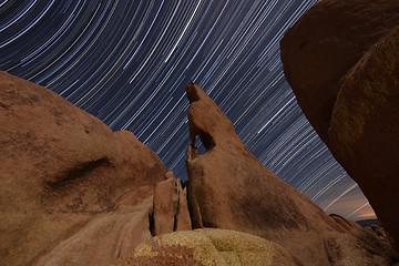 Image showing Night Star Trail Streaks over the Rocks of Joshua Tree Park