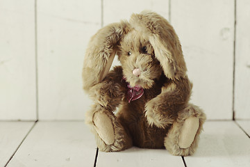 Image showing Teddy Bear Like Home Made Bunny Rabbit on Wooden White Backgroun