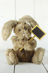 Image showing Teddy Bear Like Home Made Bunny Rabbit on Wooden White Backgroun