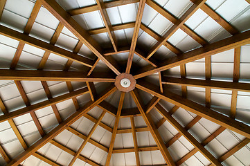 Image showing looking up at  eight sided exposed beam roof