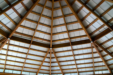 Image showing looking up at exposed beam roof